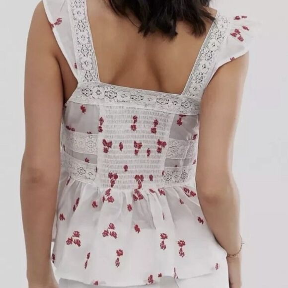 Free People Beautiful Fleur White Pink Floral Embroidered Peasant Top Large - Picture 3 of 11